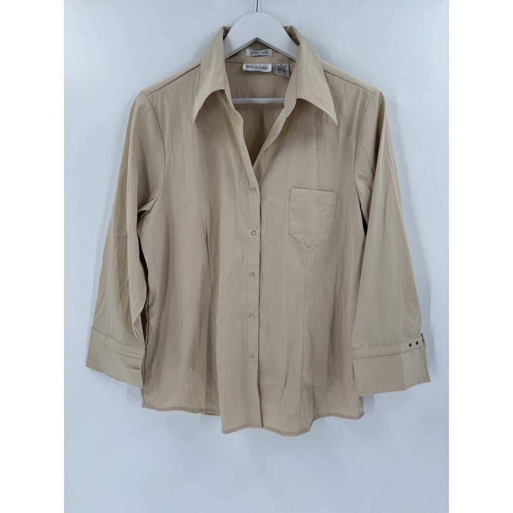 Shes Cool Button Up Shirt Womens 1X Beige Khaki 3/4 Sleeves Collar Buckles Snap